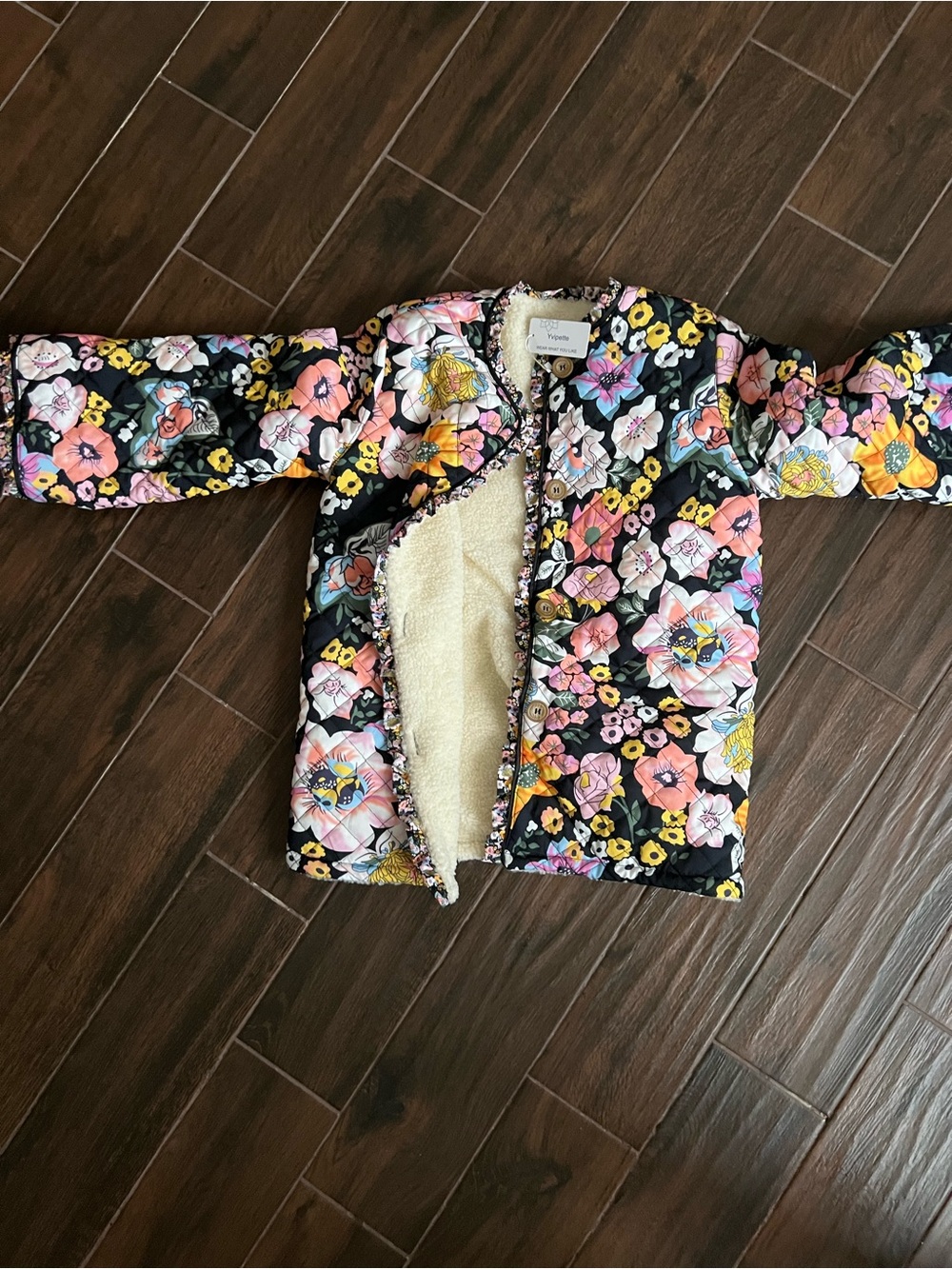 Girls' Floral Quilted Jacket with Sherpa Lining - Black Floral